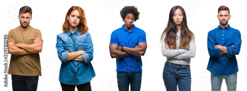 Composition of african american, hispanic and chinese group of people over isolated white background skeptic and nervous, disapproving expression on face with crossed arms. Negative person.