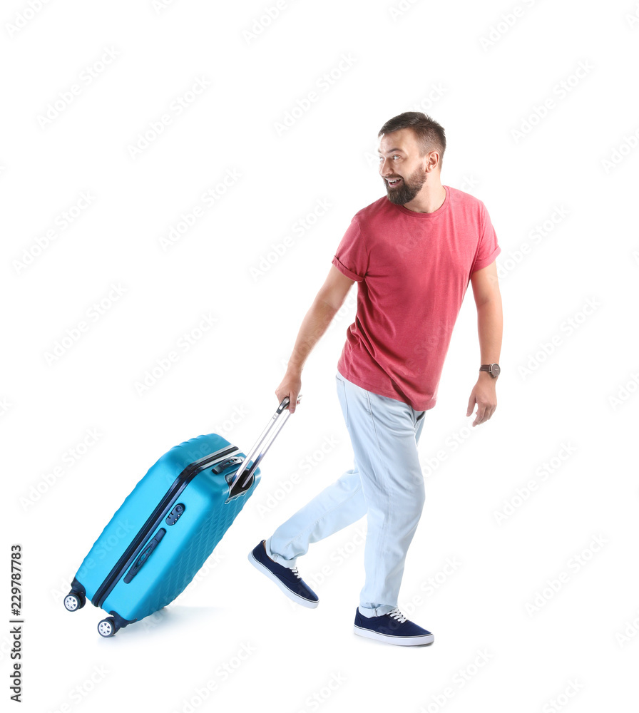Man with suitcase on white background. Vacation travel