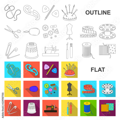 Sewing, atelier flat icons in set collection for design. Tool kit vector symbol stock web illustration. photo