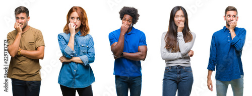Tablou canvas Composition of african american, hispanic and chinese group of people over isolated white background looking stressed and nervous with hands on mouth biting nails
