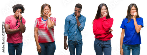 Composition of african american, hispanic and chinese group of people over isolated white background looking stressed and nervous with hands on mouth biting nails. Anxiety problem.