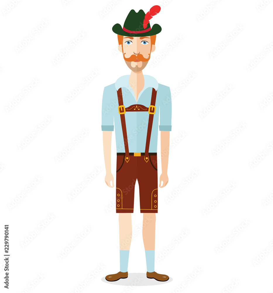 German cartoon oktoberfest man in traditional costume flat vector   illustration isolated on white