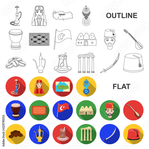 Turkey country flat icons in set collection for design.Travel and attractions vector symbol stock web illustration.