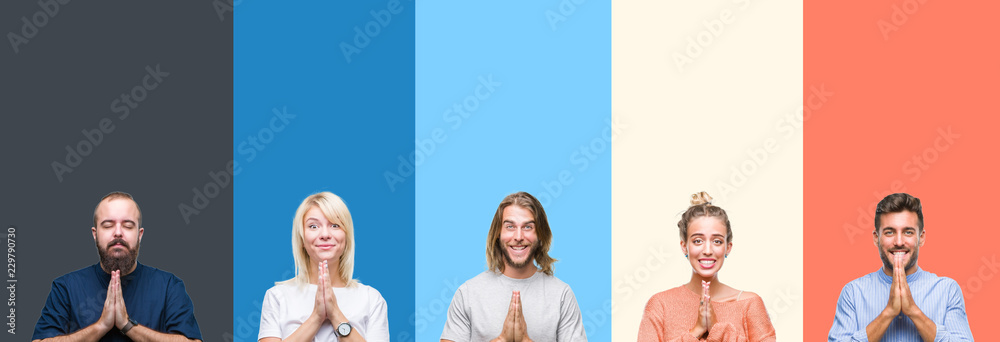 Fototapeta premium Collage of casual young people over colorful stripes isolated background praying with hands together asking for forgiveness smiling confident.