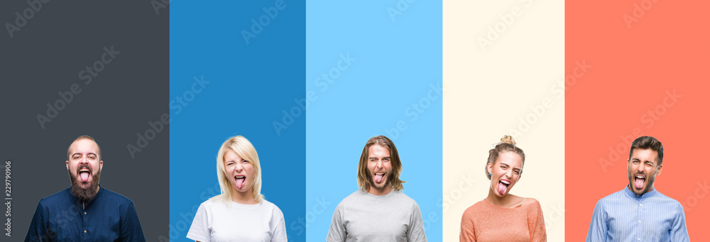 Obraz premium Collage of casual young people over colorful stripes isolated background sticking tongue out happy with funny expression. Emotion concept.