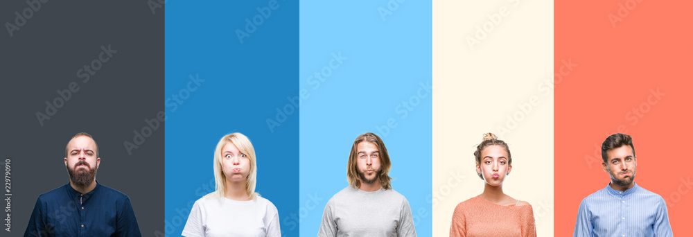 Fototapeta premium Collage of casual young people over colorful stripes isolated background puffing cheeks with funny face. Mouth inflated with air, crazy expression.