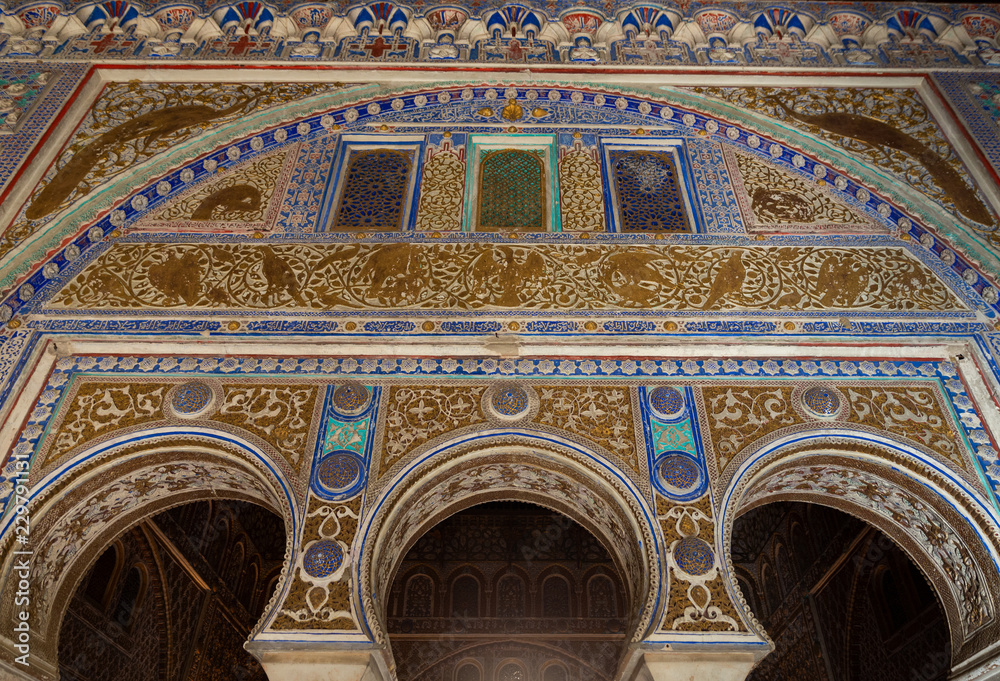 Details of interior architecture in Royal Alcázar of Seville. Andalucia. Spain.