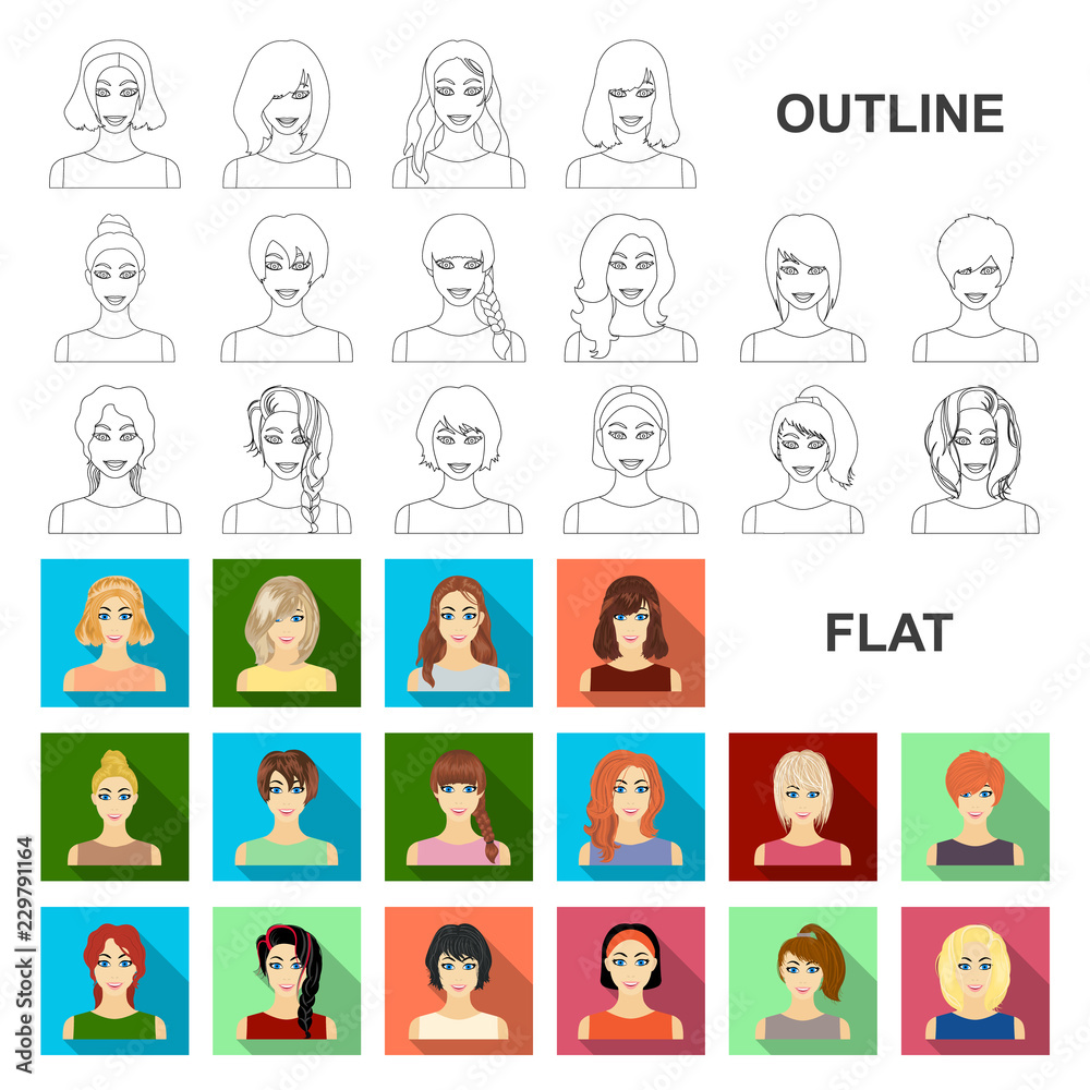 Plakat Types of female hairstyles flat icons in set collection for design. Appearance of a woman vector symbol stock web illustration.