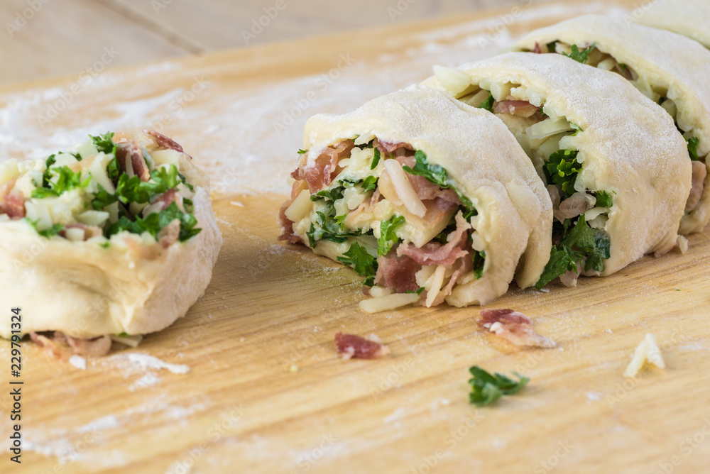 Homemade cheesy bacon holiday rolls.