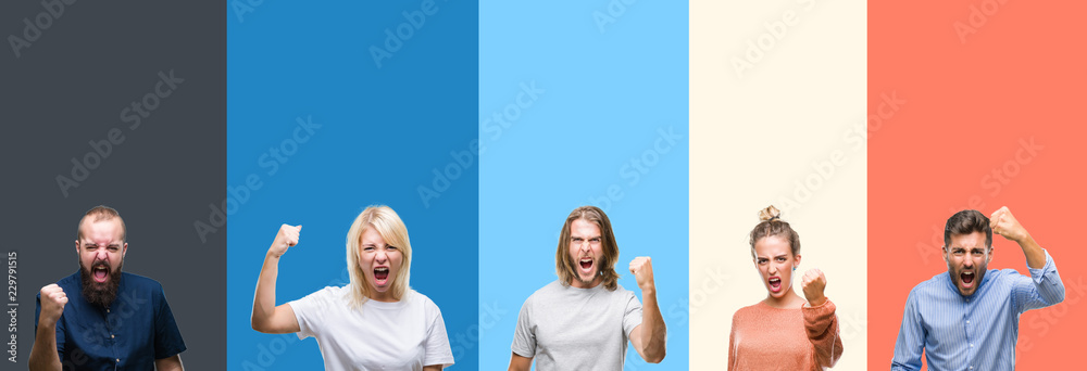 Fototapeta premium Collage of casual young people over colorful stripes isolated background angry and mad raising fist frustrated and furious while shouting with anger. Rage and aggressive concept.