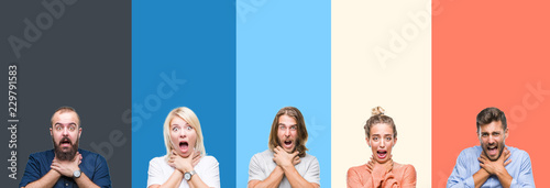 Cuadro en lienzo Collage of casual young people over colorful stripes isolated background shouting and suffocate because painful strangle