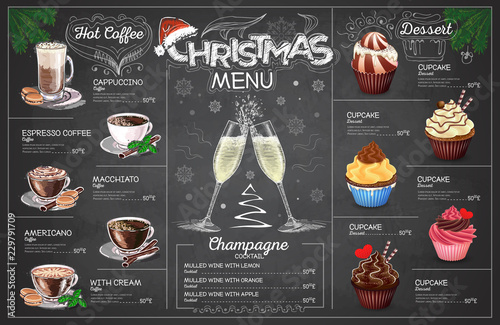 Vintage chalk drawing christmas menu design with champange. Restaurant menu