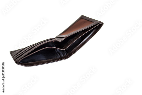 open empty brown wallet on white background. isolate