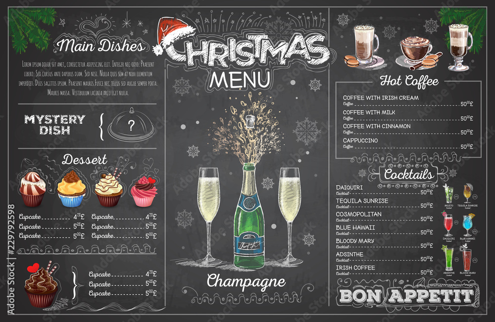 Fototapeta premium Vintage chalk drawing christmas menu design with champange. Restaurant menu