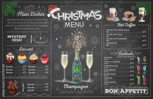 Vintage chalk drawing christmas menu design with champange. Restaurant menu