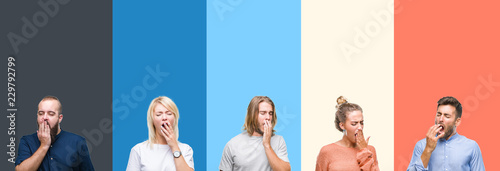 Collage of casual young people over colorful stripes isolated background bored yawning tired covering mouth with hand. Restless and sleepiness. photo