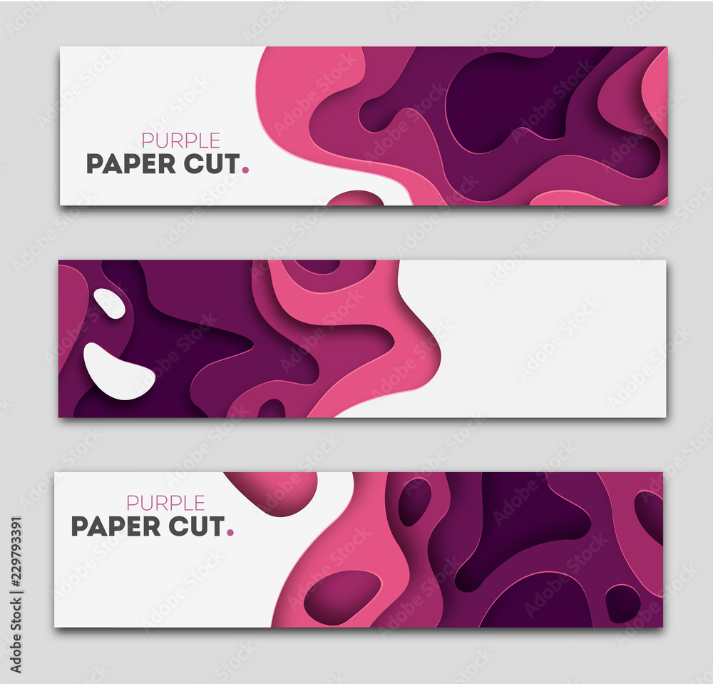 Set banner templates with paper cut shapes. Bright modern abstract design. Purple. Vector Illustration.