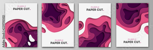 Set banner templates with paper cut shapes. Bright modern abstract design. Purple. Vector Illustration.