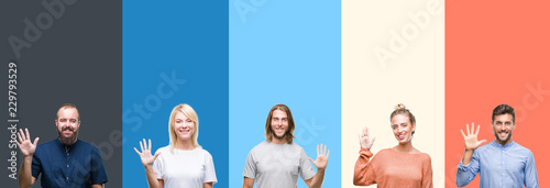 Collage of casual young people over colorful stripes isolated background showing and pointing up with fingers number five while smiling confident and happy. photo