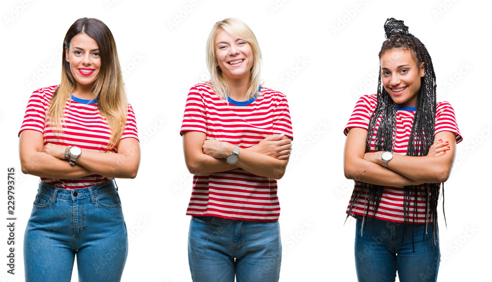 Collage of young women wearing stripes t-shirt over isolated background happy face smiling with crossed arms looking at the camera. Positive person. Collage of young women wearing stripes t-shirt over isolated background happy face smiling with crossed arms looking at the camera. Positive person.