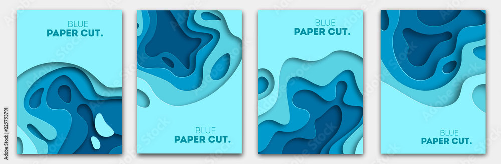 Plakat Paper cut design concept for flyers, presentations and posters. Vector abstract carving art. White and blue 3D layered vertical banners.