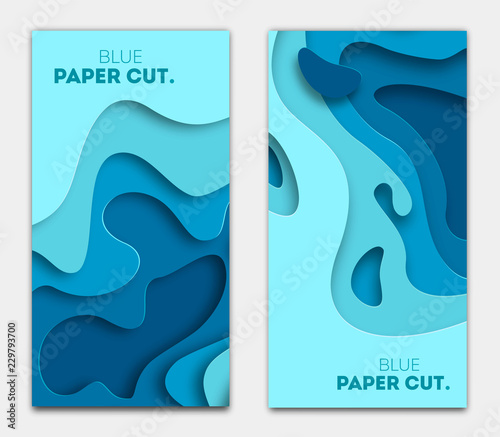 Paper cut design concept for flyers, presentations and posters. Vector abstract carving art. White and blue 3D layered vertical banners.