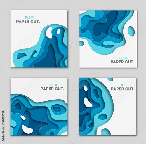 Paper cut design concept for flyers, presentations and posters. Vector abstract carving art. White and blue 3D layered vertical banners.