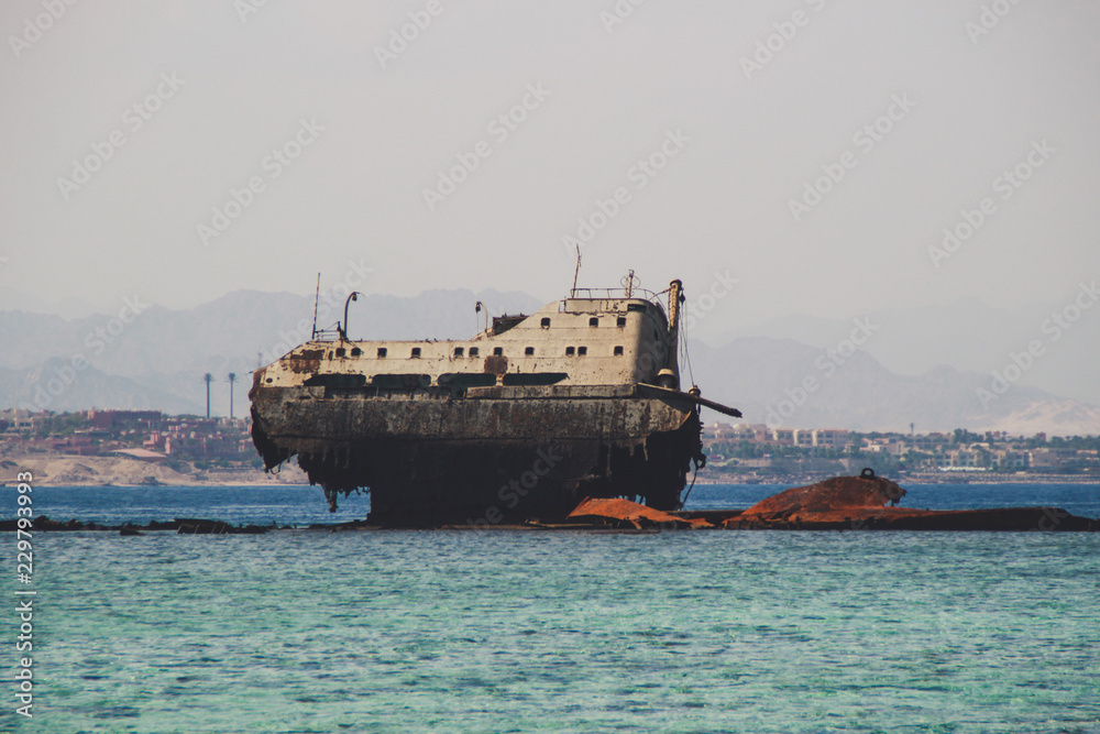 Some old yacht in the middle of the sea. Red Sea, Sharm El Sheikh. Egypt. Journey on a boat.