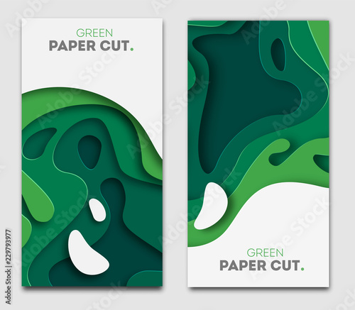 Banners set 3D abstract background, green paper cut shapes. Vector design layout for business presentations, flyers, posters and invitations. Carving art, environment and ecology elements