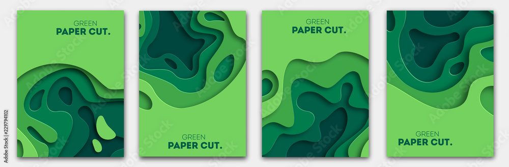 Banners set 3D abstract background, green paper cut shapes. Vector ...