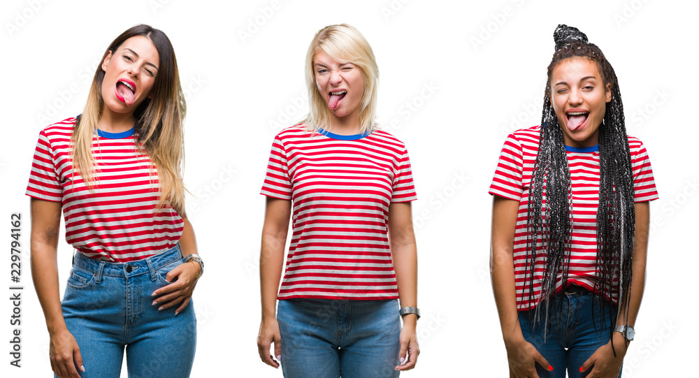 Collage of young women wearing stripes t-shirt over isolated background sticking tongue out happy with funny expression. Emotion concept. Collage of young women wearing stripes t-shirt over isolated background sticking tongue out happy with funny expression. Emotion concept.