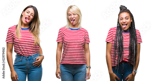 Collage of young women wearing stripes t-shirt over isolated background sticking tongue out happy with funny expression. Emotion concept.