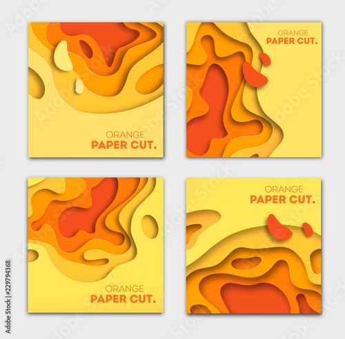 Banners templates with orange paper cut shapes. Bright autumn modern abstract design. Vector Illustration.