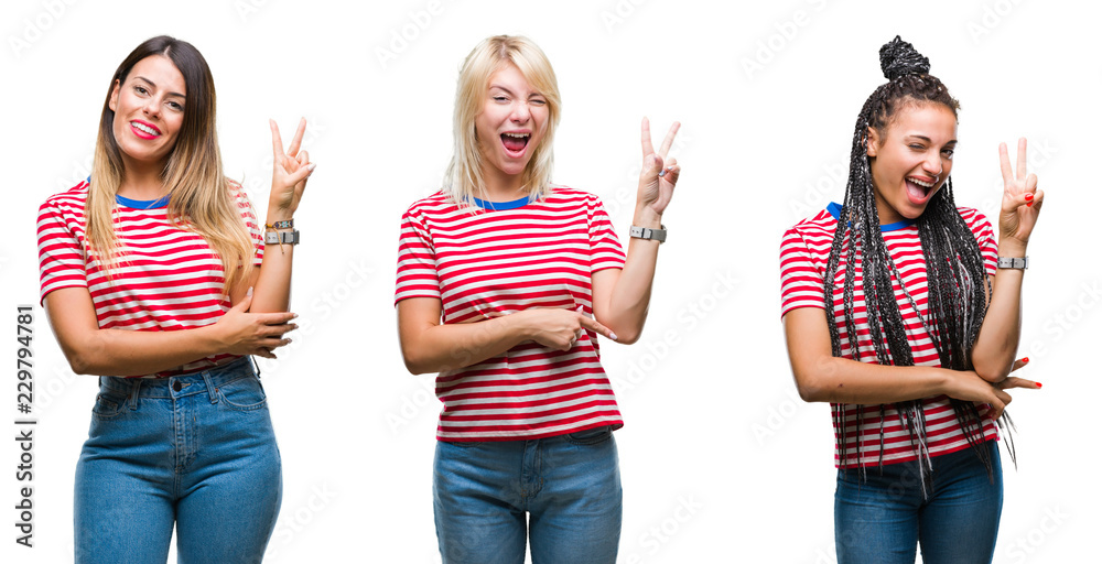 Obraz premium Collage of young women wearing stripes t-shirt over isolated background smiling with happy face winking at the camera doing victory sign. Number two.