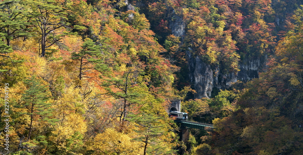 Naruko Gorge valley with rail tunnel in Miyagi Tohoku Japan