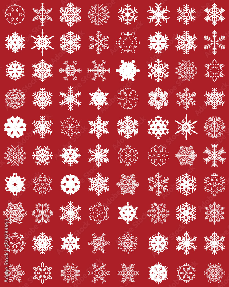 Set of different white snowflakes on a red background Set of different white snowflakes on a red background