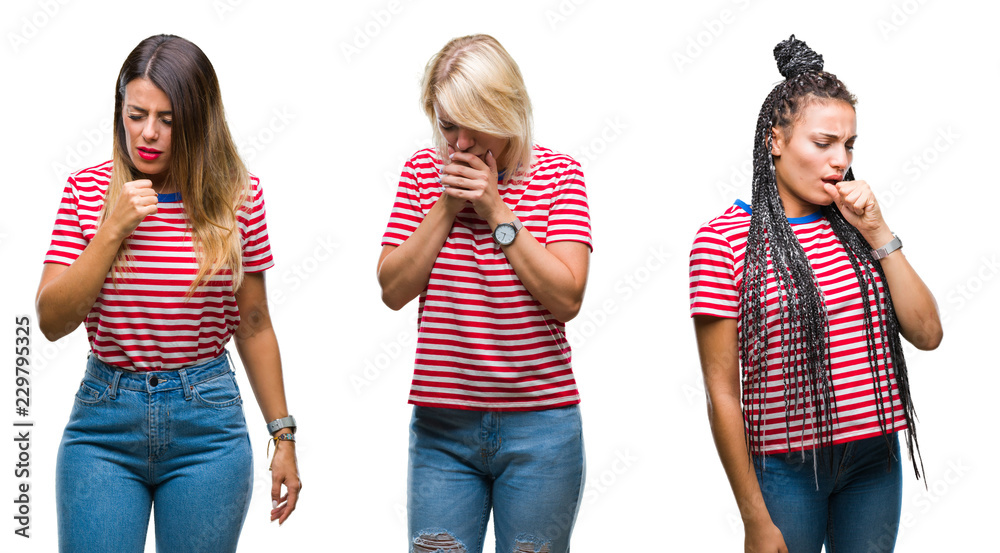 Collage of young women wearing stripes t-shirt over isolated background feeling unwell and coughing as symptom for cold or bronchitis. Healthcare concept. Collage of young women wearing stripes t-shirt over isolated background feeling unwell and coughing as symptom for cold or bronchitis. Healthcare concept.
