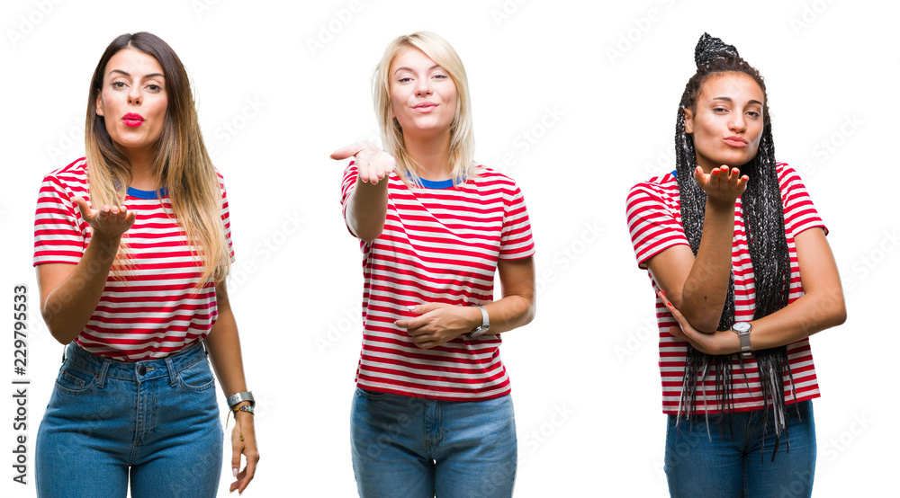 Collage of young women wearing stripes t-shirt over isolated background looking at the camera blowing a kiss with hand on air being lovely and sexy. Love expression. Collage of young women wearing stripes t-shirt over isolated background looking at the camera blowing a kiss with hand on air being lovely and sexy. Love expression.