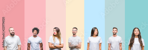 Collage of different ethnics young people wearing white t-shirt over colorful isolated background smiling looking side and staring away thinking.