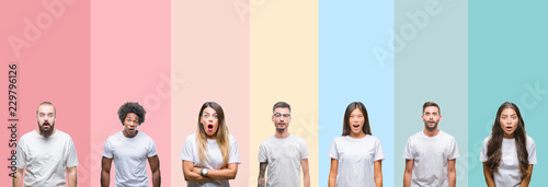Collage of different ethnics young people wearing white t-shirt over colorful isolated background afraid and shocked with surprise expression, fear and excited face.