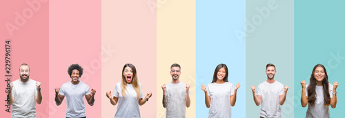 Collage of different ethnics young people wearing white t-shirt over colorful isolated background celebrating surprised and amazed for success with arms raised and open eyes. Winner concept.