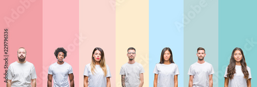 Collage of different ethnics young people wearing white t-shirt over colorful isolated background Relaxed with serious expression on face. Simple and natural looking at the camera.
