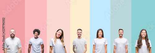 Collage of different ethnics young people wearing white t-shirt over colorful isolated background sticking tongue out happy with funny expression. Emotion concept.