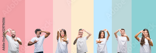 Collage of different ethnics young people wearing white t-shirt over colorful isolated background smiling making frame with hands and fingers with happy face. Creativity and photography concept.