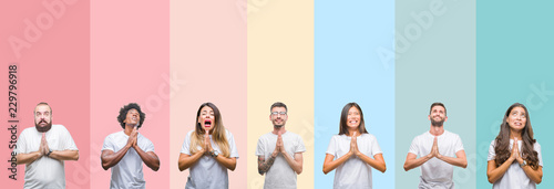 Collage of different ethnics young people wearing white t-shirt over colorful isolated background begging and praying with hands together with hope expression on face very emotional and worried