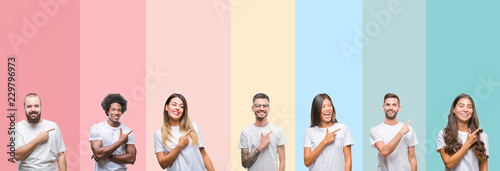 Collage of different ethnics young people wearing white t-shirt over colorful isolated background cheerful with a smile of face pointing with hand and finger up to the side with happy and natural