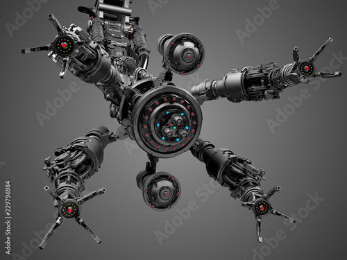 Mechanical hand or futuristic robotic arm isolated on gray background. 3D Render