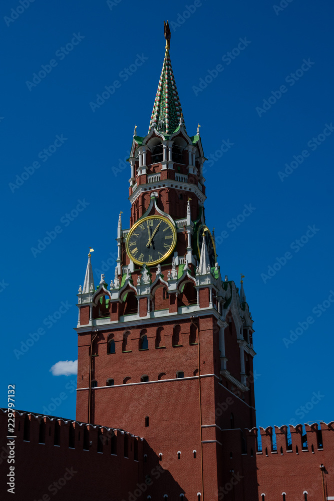 Spasskaya Tower (Saviour Tower) is the main tower on the eastern wall of the Moscow Kremlin which overlooks the Red Square. Moscow, Russia. Spasskaya Tower (Saviour Tower) is the main tower on the eastern wall of the Moscow Kremlin which overlooks the Red Square. Moscow, Russia.