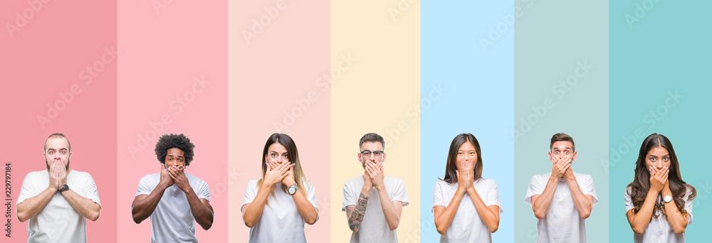 Fototapeta premium Collage of different ethnics young people wearing white t-shirt over colorful isolated background shocked covering mouth with hands for mistake. Secret concept.