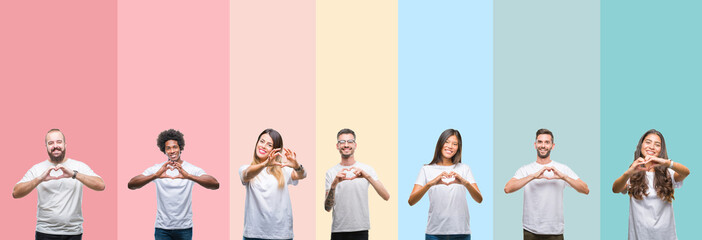 Collage of different ethnics young people wearing white t-shirt over colorful isolated background smiling in love showing heart symbol and shape with hands. Romantic concept.